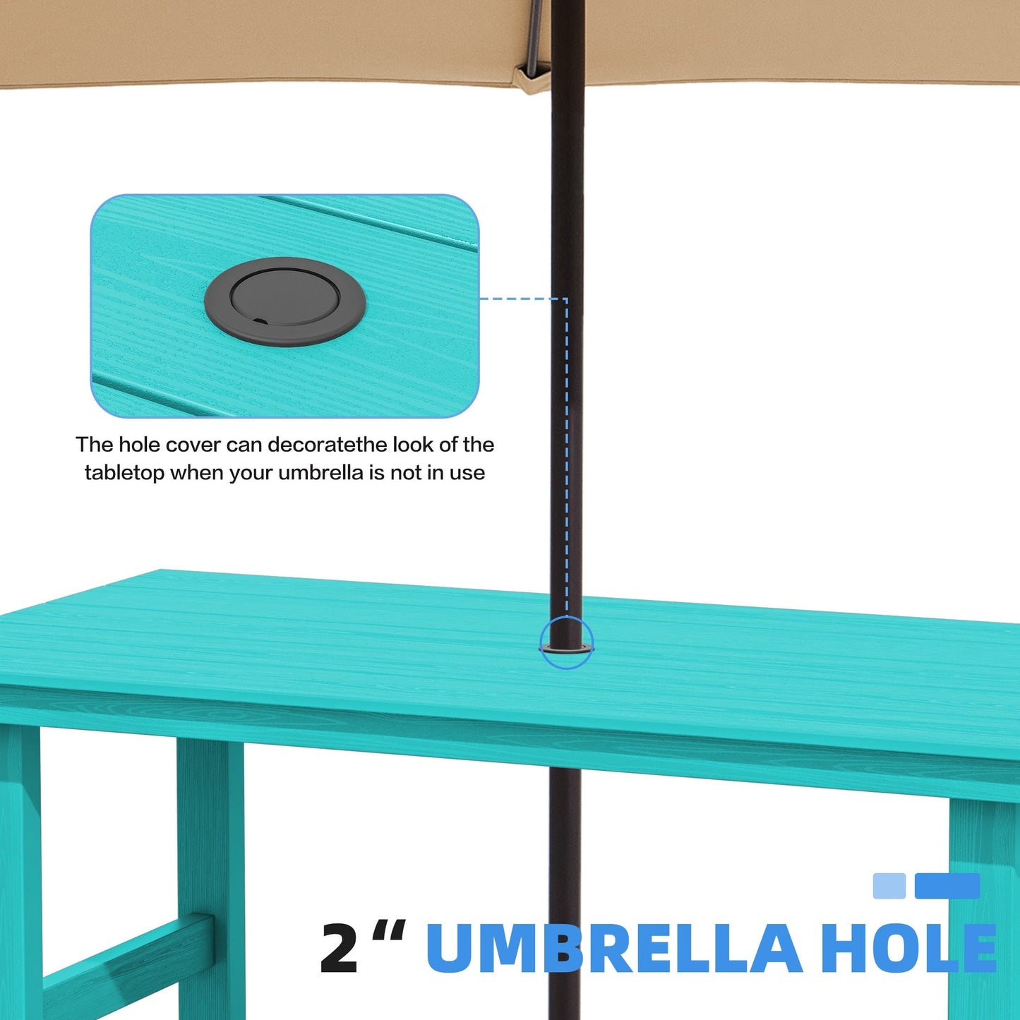 Set da pranzo per esterni in HDPE da 7 pezzi con foro per ombrellone - 1 tavolo e 6 sedie