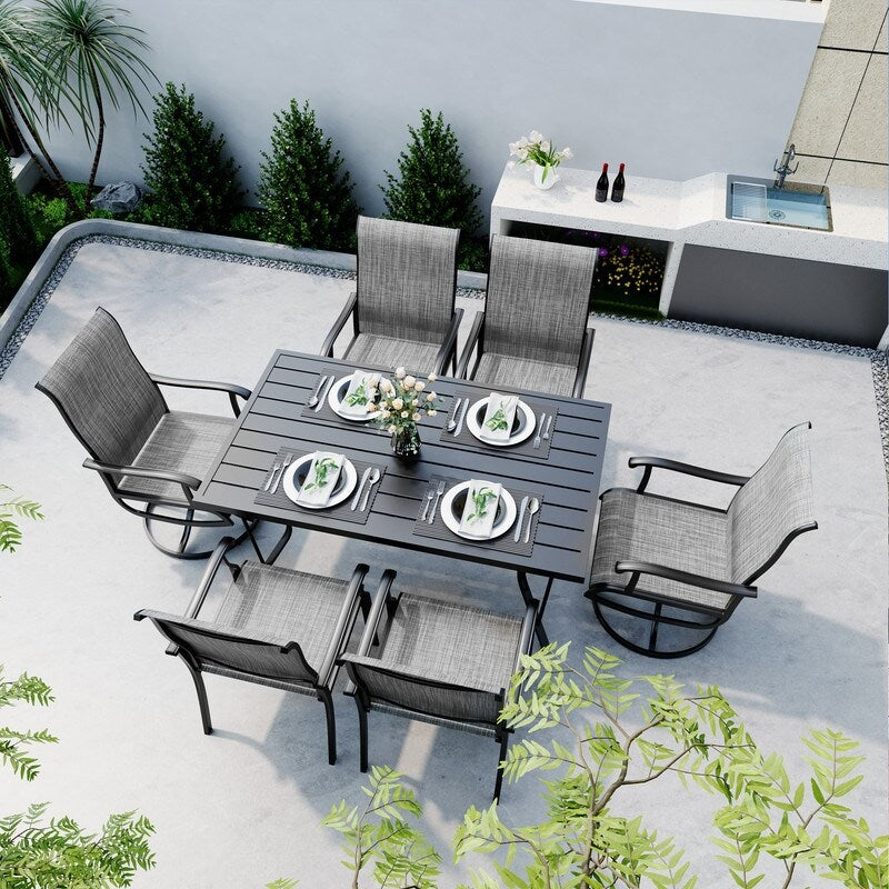 Set da pranzo per esterni in metallo da 7 pezzi con 6 sedie in textilene e tavolo rettangolare