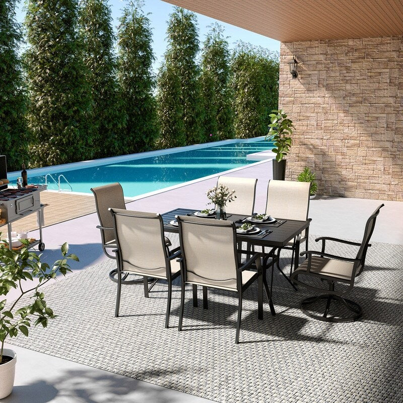 Set da pranzo per esterni in metallo da 7 pezzi con 6 sedie in textilene e tavolo rettangolare