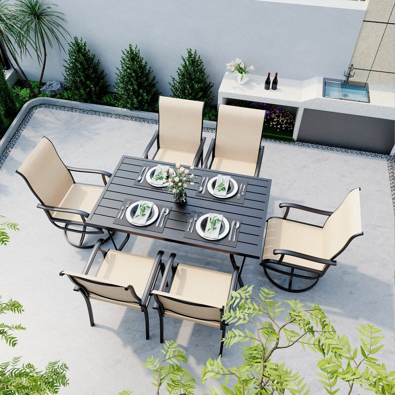 Set da pranzo per esterni in metallo da 7 pezzi con 6 sedie in textilene e tavolo rettangolare