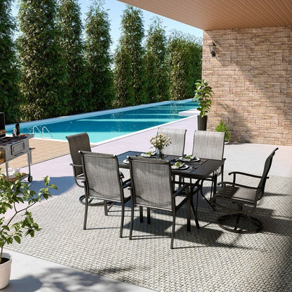 Set da pranzo per esterni in metallo da 7 pezzi con 6 sedie in textilene e tavolo rettangolare