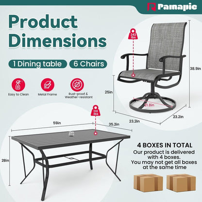 Set da pranzo per esterni in metallo da 7 pezzi con tavolo rettangolare e sedie girevoli in textilene
