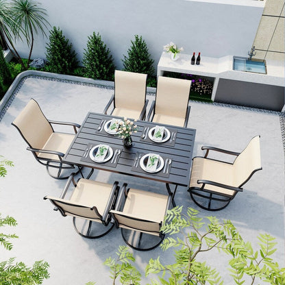 Set da pranzo per esterni in metallo da 7 pezzi con tavolo rettangolare e sedie girevoli in textilene