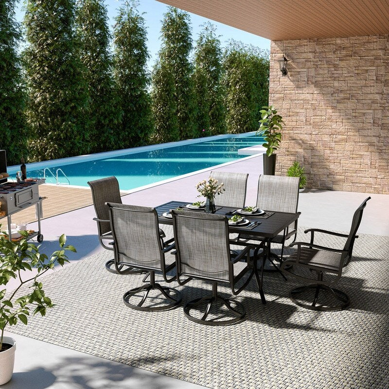 Set da pranzo per esterni in metallo da 7 pezzi con tavolo rettangolare e sedie girevoli in textilene