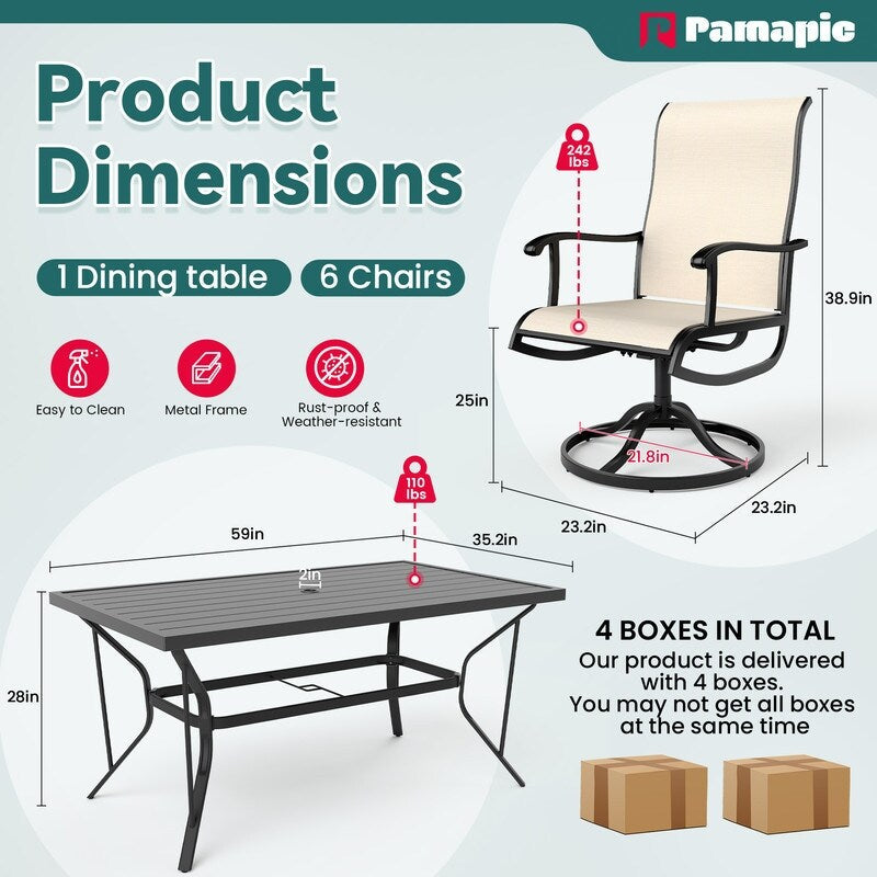 Set da pranzo per esterni in metallo da 7 pezzi con tavolo rettangolare e sedie girevoli in textilene