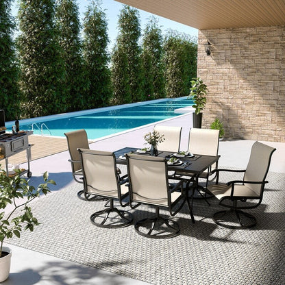 Set da pranzo per esterni in metallo da 7 pezzi con tavolo rettangolare e sedie girevoli in textilene
