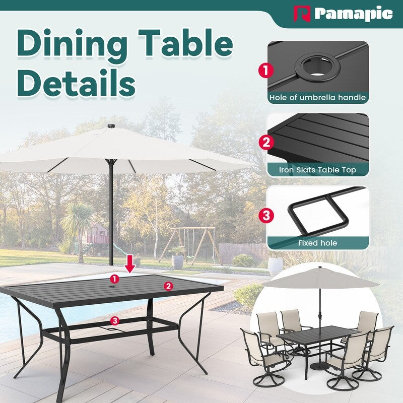 Set da pranzo per esterni in metallo da 7 pezzi con tavolo rettangolare e sedie girevoli in textilene