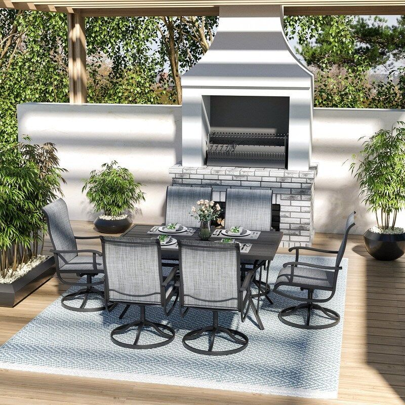 Set da pranzo per esterni in metallo da 7 pezzi con tavolo rettangolare e sedie girevoli in textilene