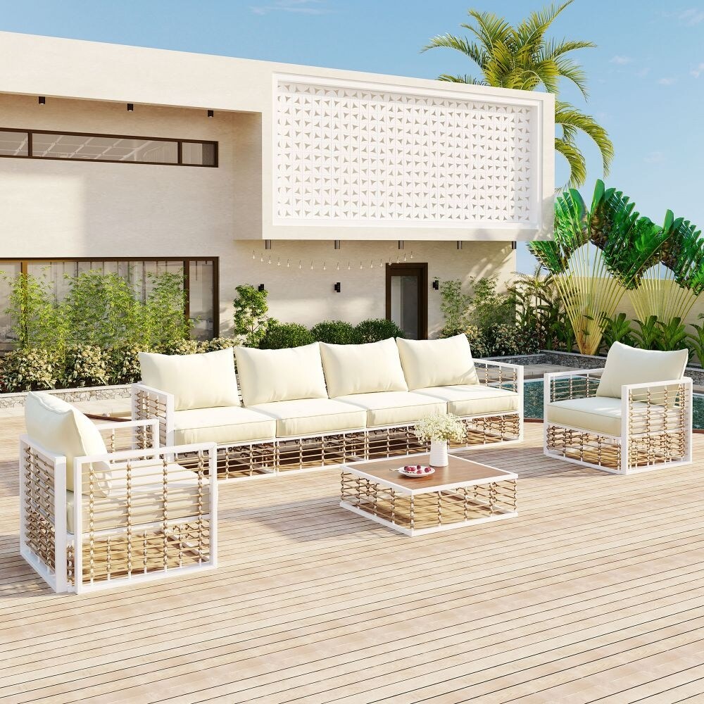 Set di divani componibili da giardino in metallo da 7 pezzi, set di mobili da giardino per tutte le stagioni, con cuscini spessi e tavolino da caffè