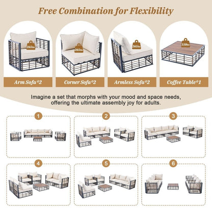 Set di divani componibili da giardino in metallo da 7 pezzi, set di mobili da giardino per tutte le stagioni, con cuscini spessi e tavolino da caffè