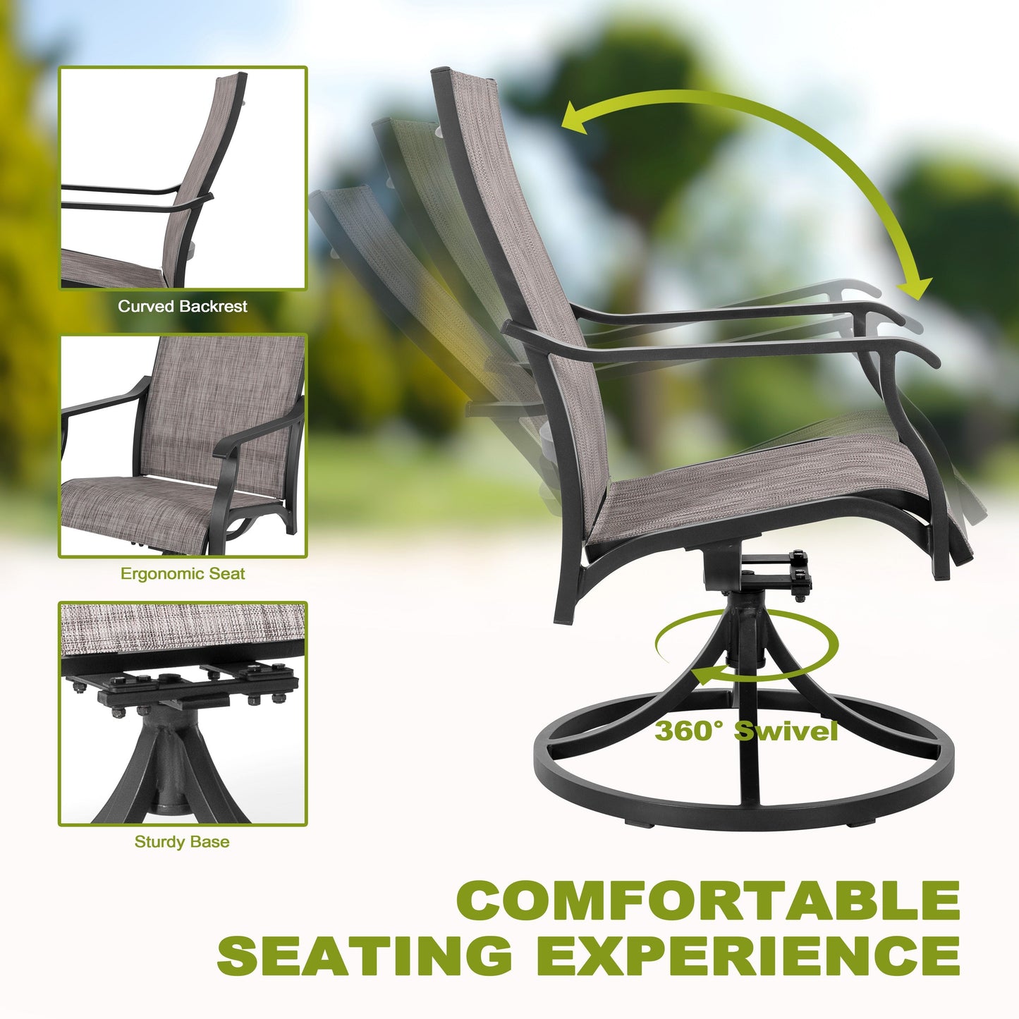 Set da pranzo per esterni da 7 pezzi con sedie fisse e girevoli in textilene