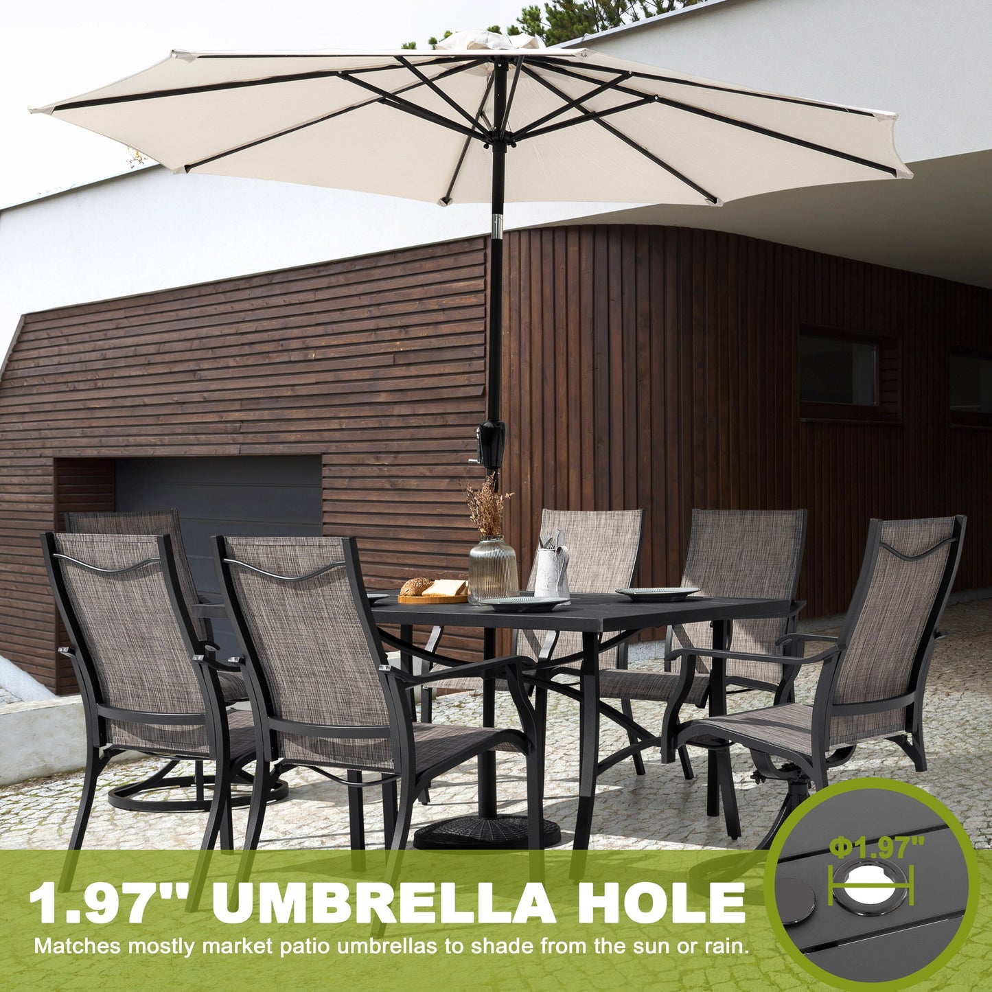 Set da pranzo per esterni da 7 pezzi con sedie fisse e girevoli in textilene