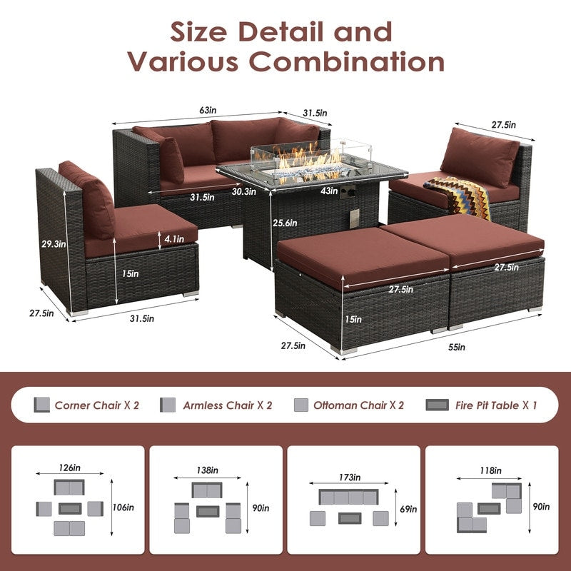 Set di divani componibili in vimini da esterno FINCATI da 7 pezzi con tavolo con braciere