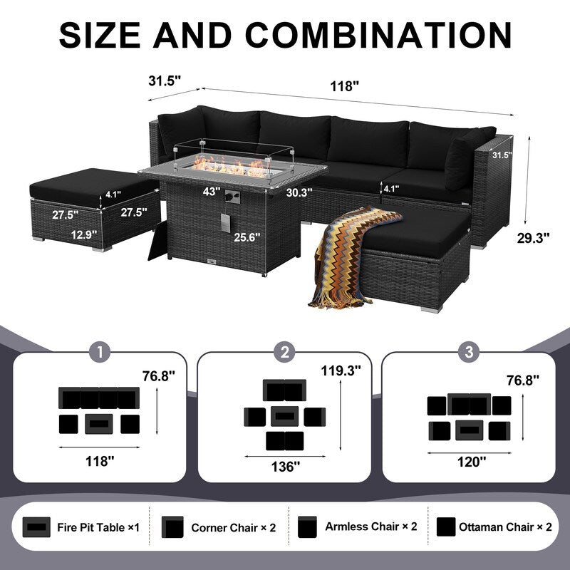 Set di divani componibili in vimini da esterno FINCATI da 7 pezzi con tavolo con braciere