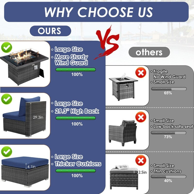 Set di divani componibili in vimini da esterno FINCATI da 7 pezzi con tavolo con braciere