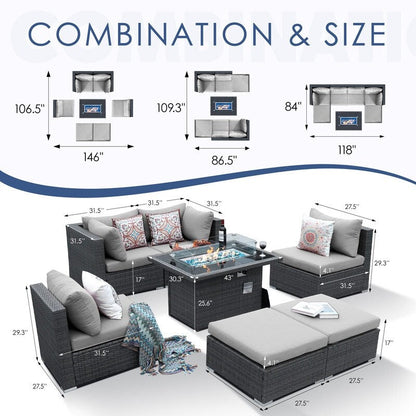 Set di divani componibili in vimini da esterno FINCATI da 7 pezzi con tavolo con braciere