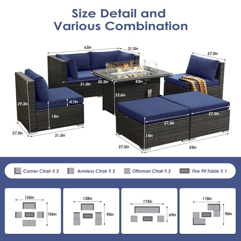 Set di divani componibili in vimini da esterno FINCATI da 7 pezzi con tavolo con braciere