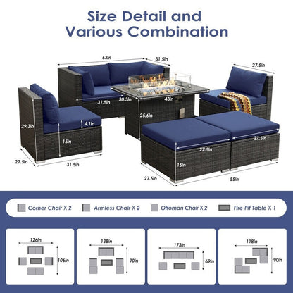 Set di divani componibili in vimini da esterno FINCATI da 7 pezzi con tavolo con braciere