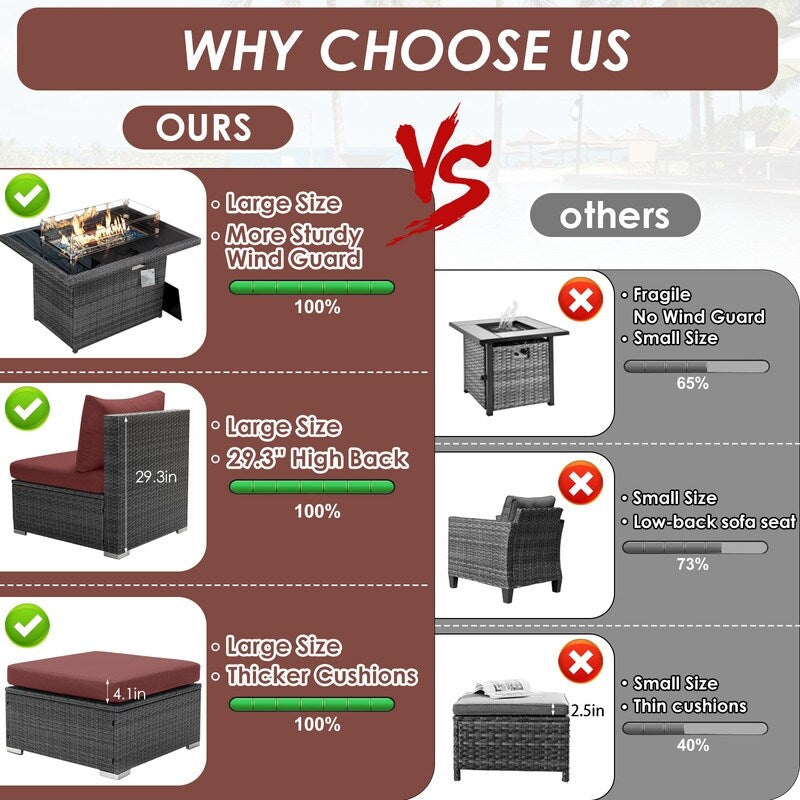 Set di divani componibili in vimini da esterno FINCATI da 7 pezzi con tavolo con braciere