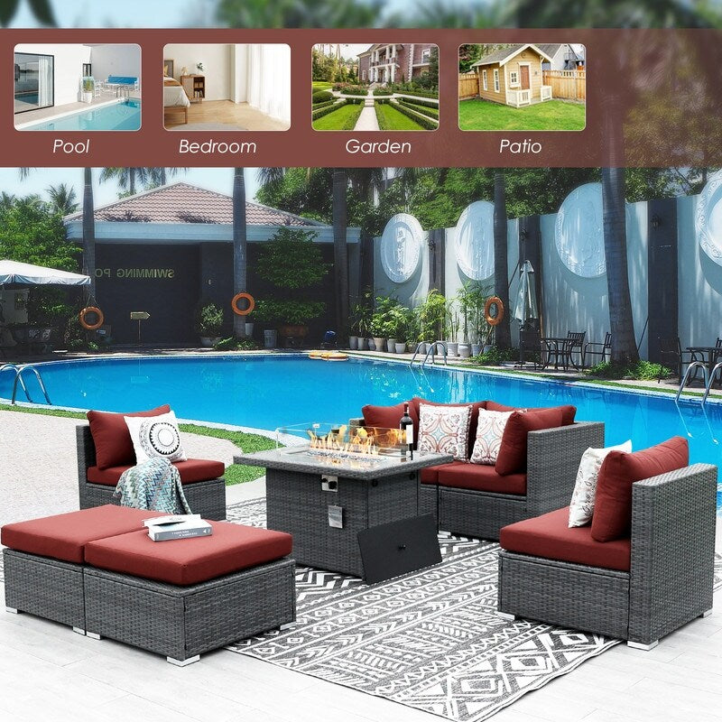 Set di divani componibili in vimini da esterno FINCATI da 7 pezzi con tavolo con braciere