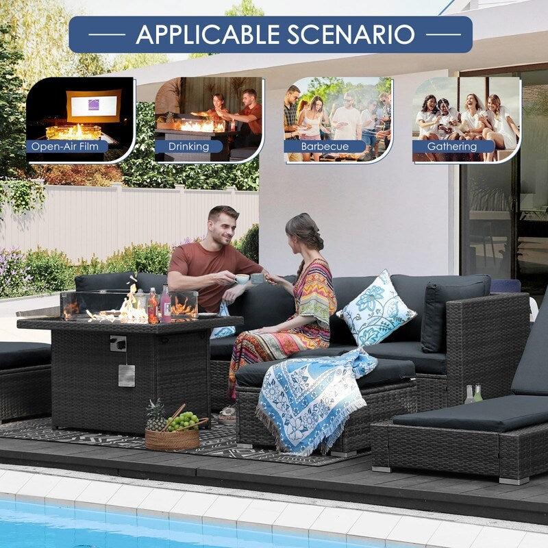 Set di divani componibili in vimini da esterno FINCATI da 7 pezzi con tavolo con braciere