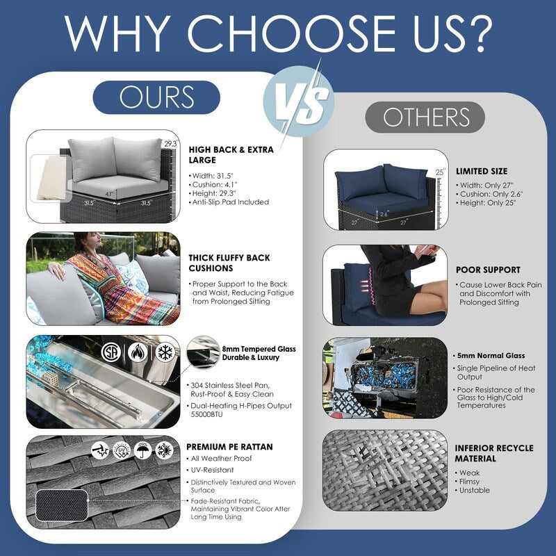 Set di divani componibili in vimini da esterno FINCATI da 7 pezzi con tavolo con braciere