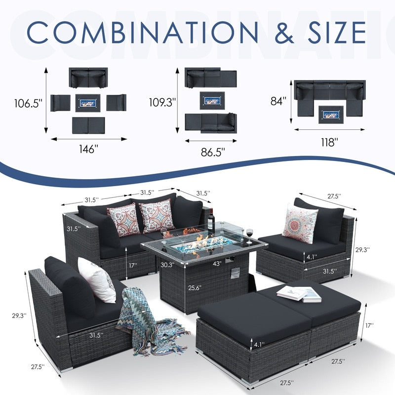 Set di divani componibili in vimini da esterno FINCATI da 7 pezzi con tavolo con braciere