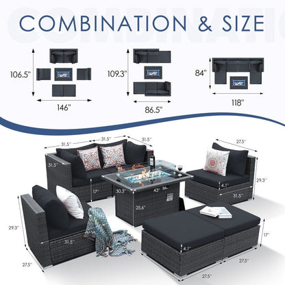 Set di divani componibili in vimini da esterno FINCATI da 7 pezzi con tavolo con braciere