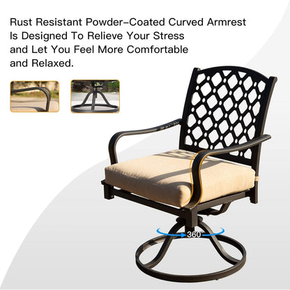 Set da pranzo per esterni in metallo da 7 pezzi con sedie girevoli e fisse e tavolo rettangolare resistente alle intemperie