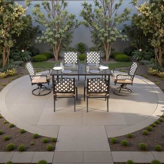 Set da pranzo per esterni in metallo da 7 pezzi con sedie girevoli e fisse e tavolo rettangolare resistente alle intemperie