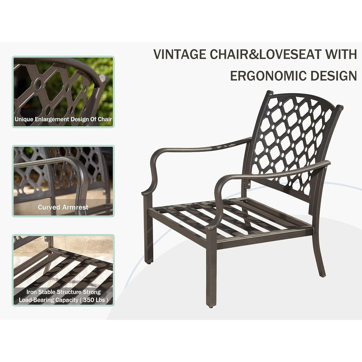 Set da pranzo per esterni in metallo da 7 pezzi con sedie girevoli e fisse e tavolo rettangolare resistente alle intemperie