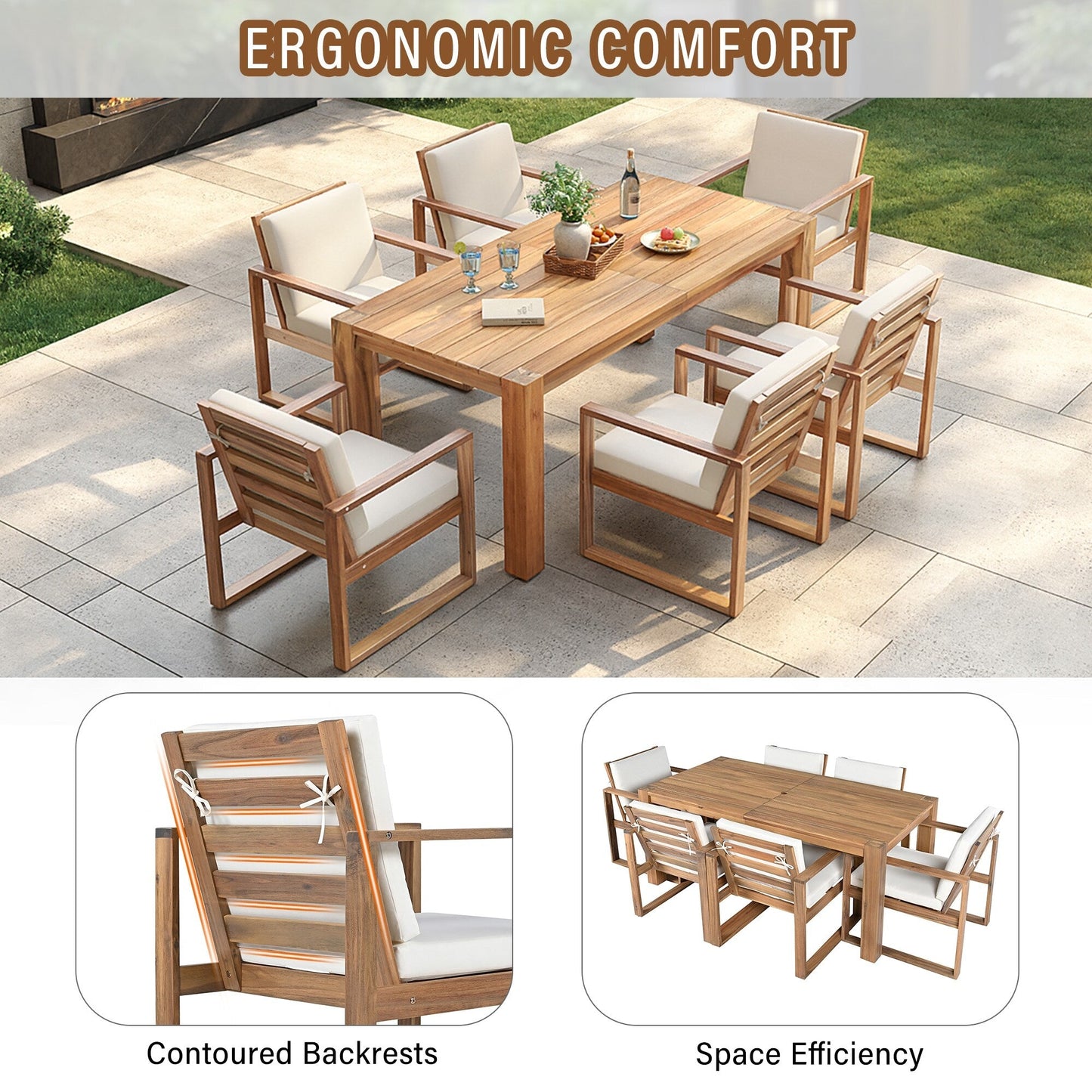 Set da 7 sedie da pranzo per esterni, tavolo da pranzo casual in legno con foro per ombrellone e 6 sedie con cuscini rimovibili