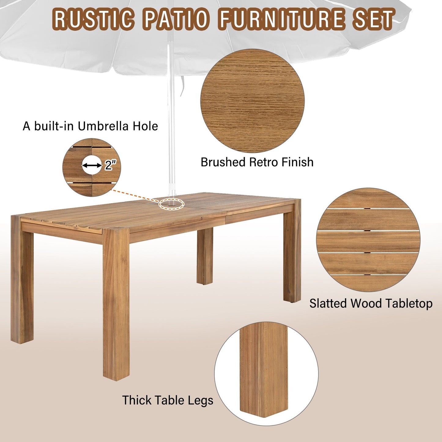 Set da 7 sedie da pranzo per esterni, tavolo da pranzo casual in legno con foro per ombrellone e 6 sedie con cuscini rimovibili