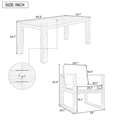 Set da 7 sedie da pranzo per esterni, tavolo da pranzo casual in legno con foro per ombrellone e 6 sedie con cuscini rimovibili