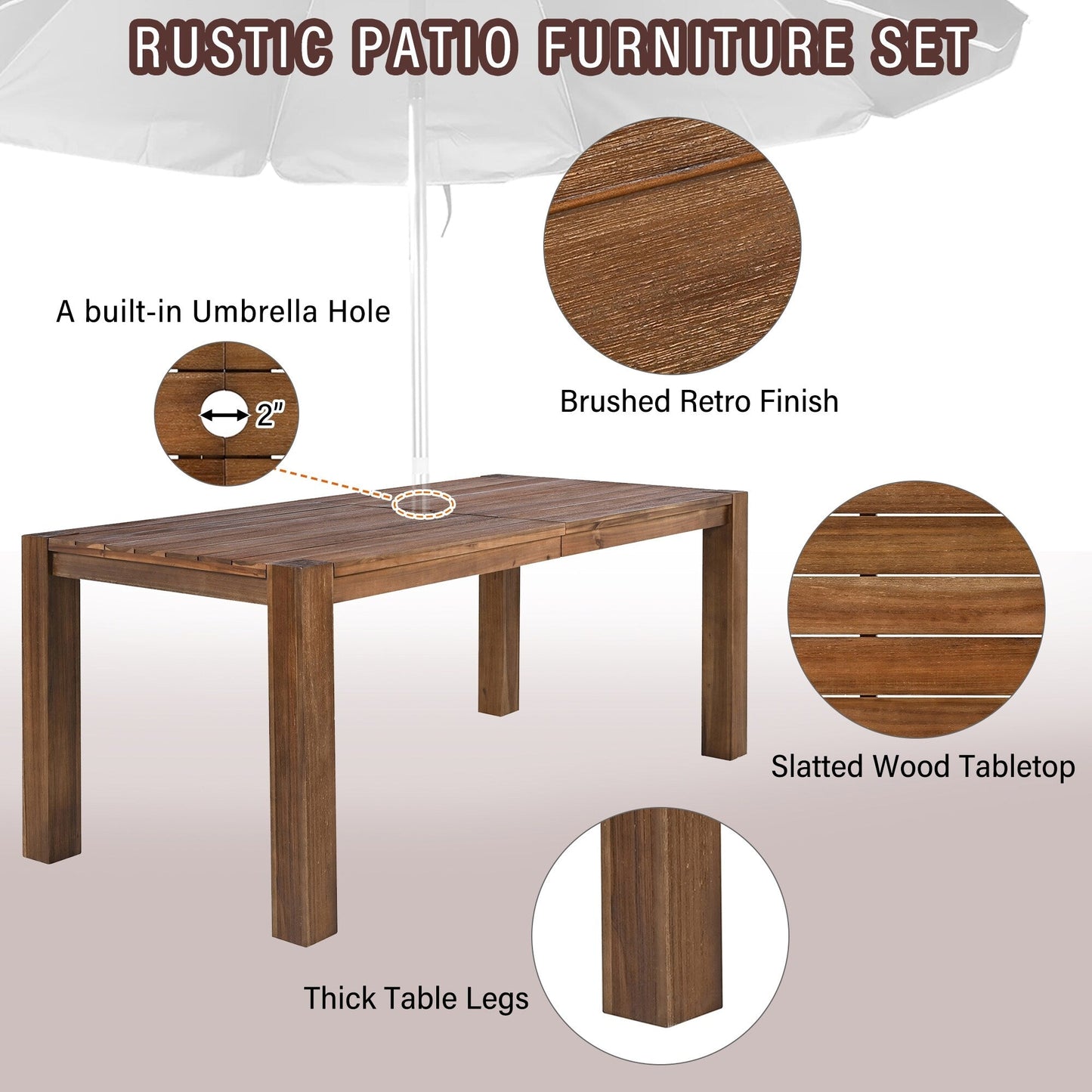 Set da 7 sedie da pranzo per esterni, tavolo da pranzo casual in legno con foro per ombrellone e 6 sedie con cuscini rimovibili