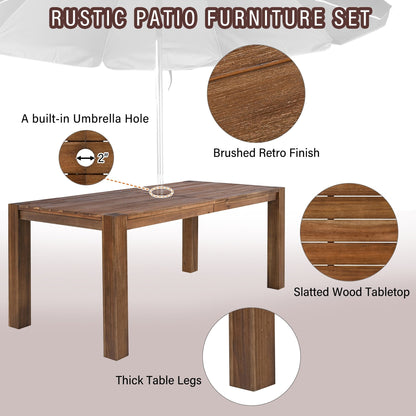 Set da 7 sedie da pranzo per esterni, tavolo da pranzo casual in legno con foro per ombrellone e 6 sedie con cuscini rimovibili