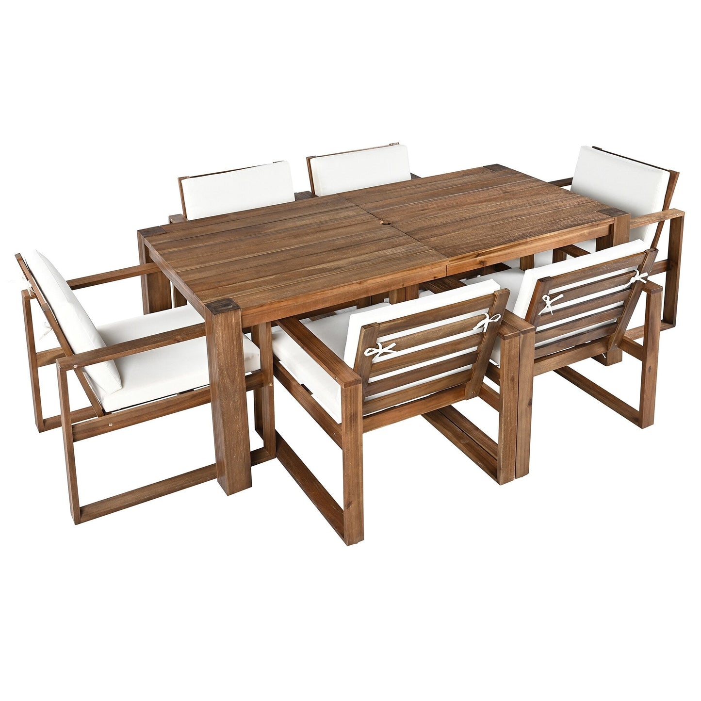 Set da 7 sedie da pranzo per esterni, tavolo da pranzo casual in legno con foro per ombrellone e 6 sedie con cuscini rimovibili