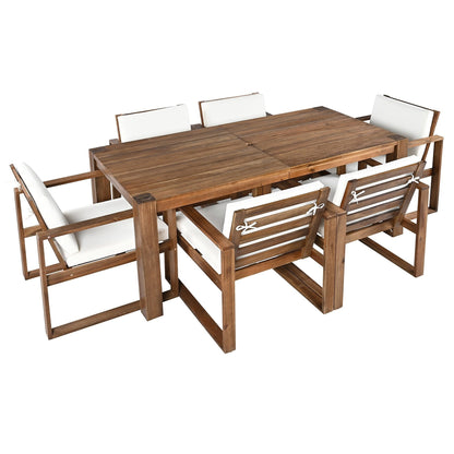 Set da 7 sedie da pranzo per esterni, tavolo da pranzo casual in legno con foro per ombrellone e 6 sedie con cuscini rimovibili