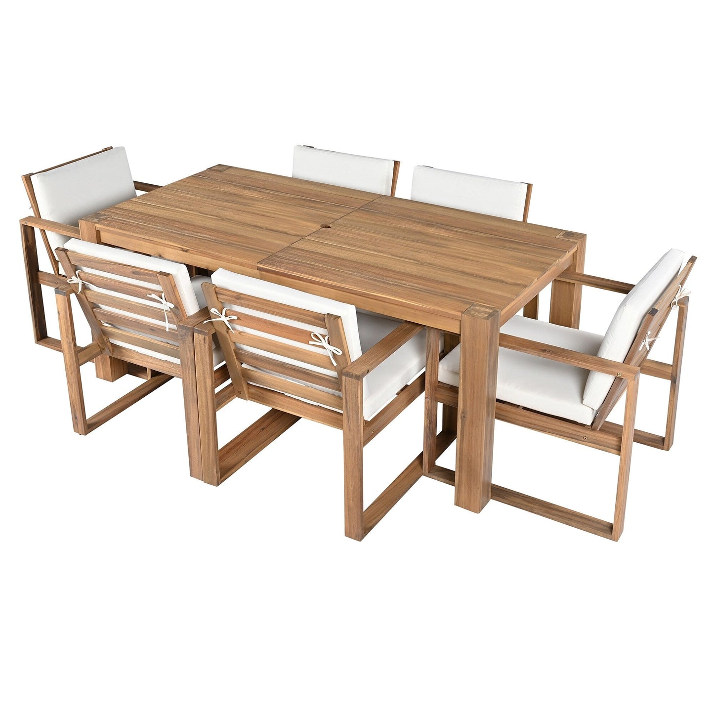 Set da 7 sedie da pranzo per esterni, tavolo da pranzo casual in legno con foro per ombrellone e 6 sedie con cuscini rimovibili