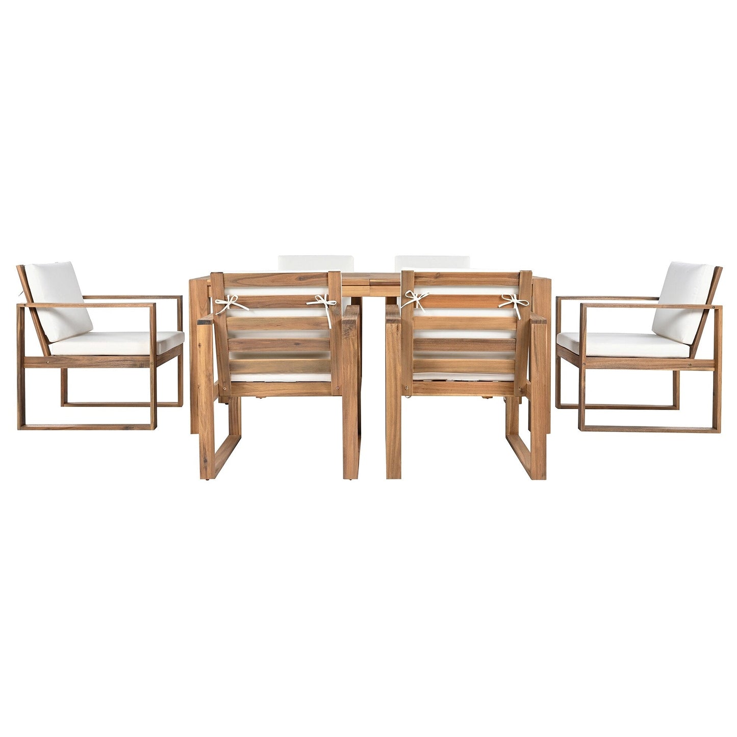 Set da 7 sedie da pranzo per esterni, tavolo da pranzo casual in legno con foro per ombrellone e 6 sedie con cuscini rimovibili