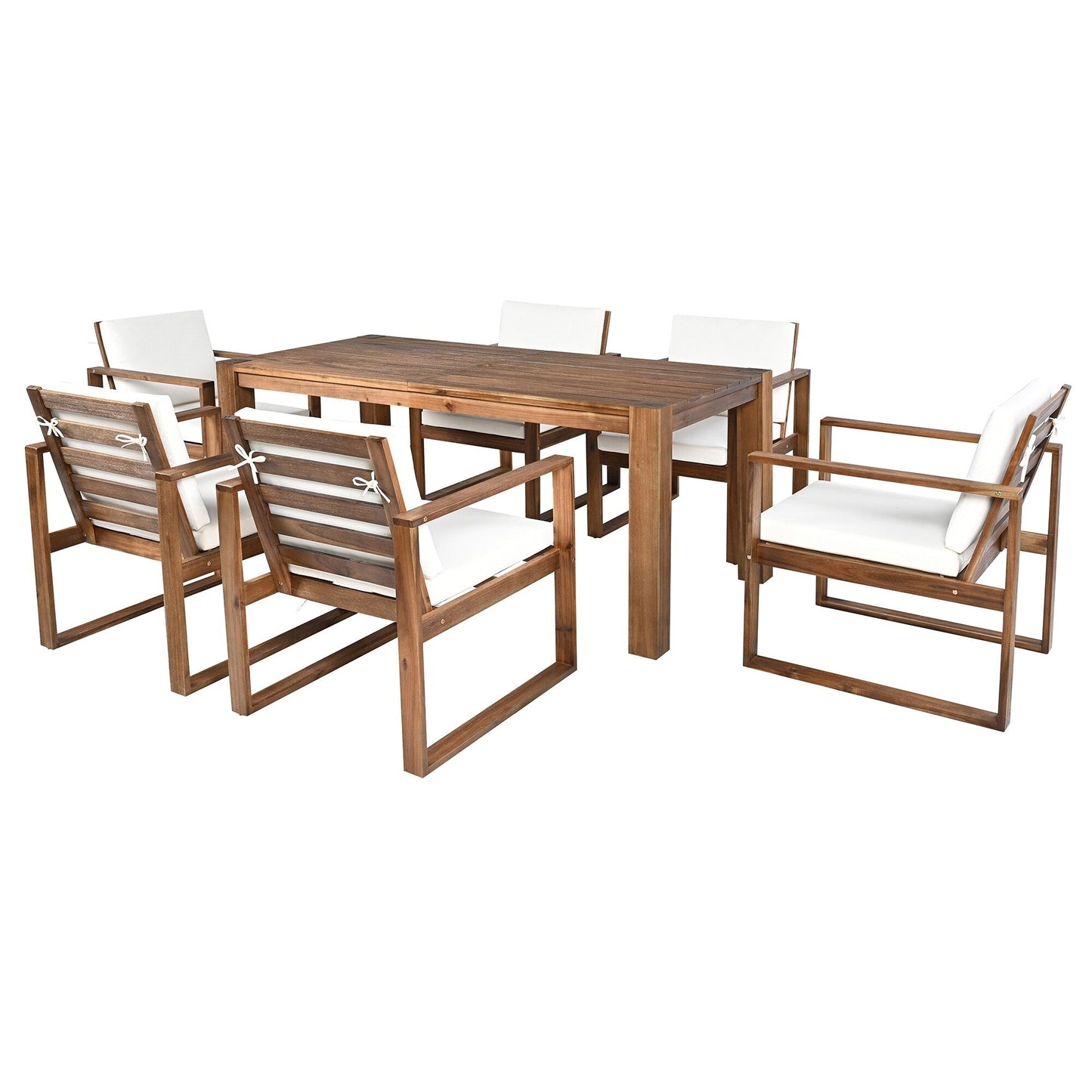 Set da 7 sedie da pranzo per esterni, tavolo da pranzo casual in legno con foro per ombrellone e 6 sedie con cuscini rimovibili