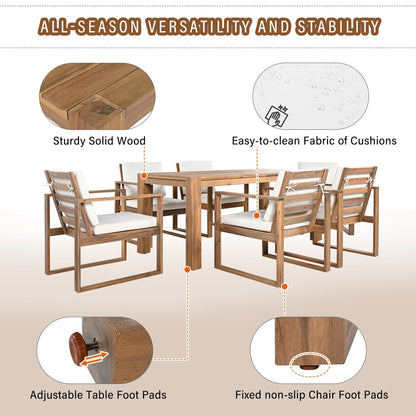 Set da 7 sedie da pranzo per esterni, tavolo da pranzo casual in legno con foro per ombrellone e 6 sedie con cuscini rimovibili