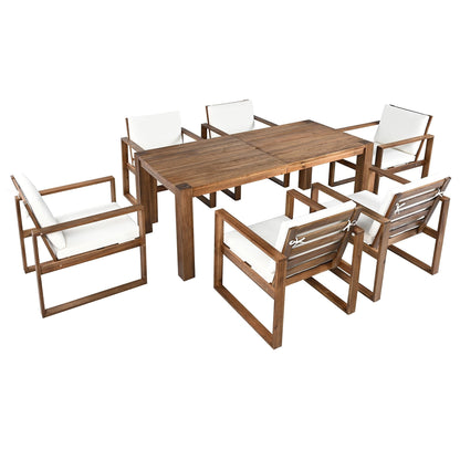 Set da 7 sedie da pranzo per esterni, tavolo da pranzo casual in legno con foro per ombrellone e 6 sedie con cuscini rimovibili