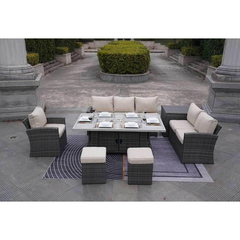 Set di divani da conversazione da giardino da 7 pezzi con tavolo da fuoco in alluminio