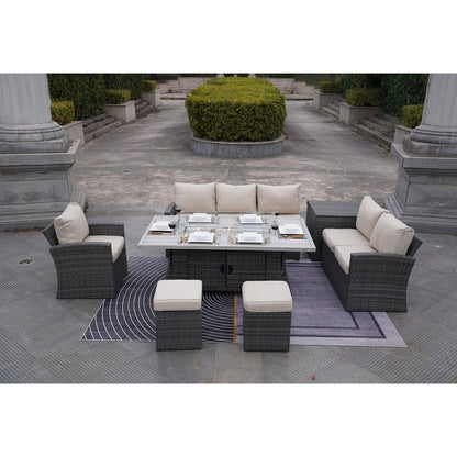 Set di divani da conversazione da giardino da 7 pezzi con tavolo da fuoco in alluminio