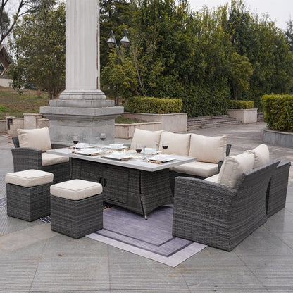 Set di divani da conversazione da giardino da 7 pezzi con tavolo da fuoco in alluminio