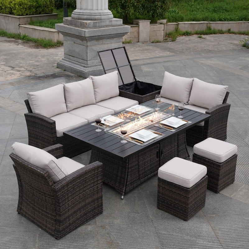 Set di divani da conversazione da giardino da 7 pezzi con tavolo da fuoco in alluminio