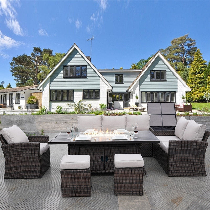 Set di divani da conversazione da giardino da 7 pezzi con tavolo da fuoco in alluminio