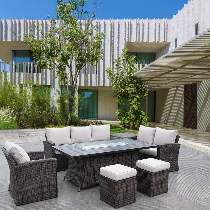 Set di divani da conversazione da giardino da 7 pezzi con tavolo da fuoco in alluminio