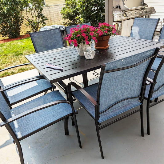 MAISON ARTS Set da pranzo per patio da 7 pezzi con tavolo rettangolare in metallo e 6 sedie da pranzo in textilene